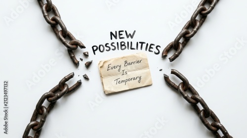 Rusty metal chains breaking apart to reveal motivational text about new possibilities and every barrier being temporary which represents freedom and overcoming obstacles in business and
