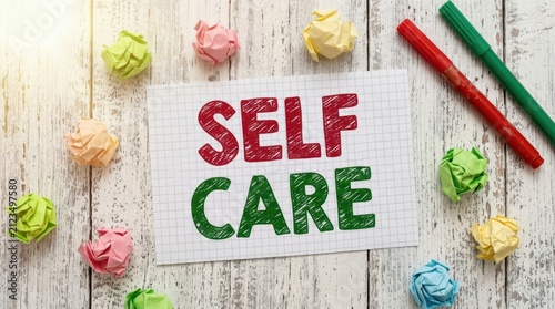 Self care text written on white grid paper surrounded by colorful crumpled paper balls and markers on a rustic wooden table top background promoting wellness and mental health awareness