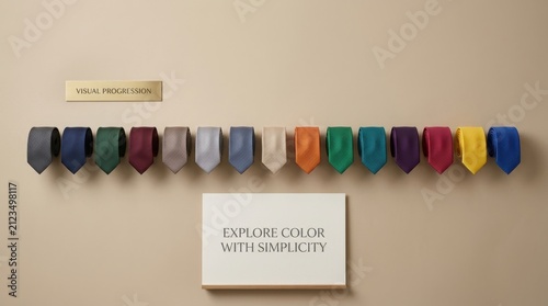 Vibrant silk neckties in a rainbow spectrum arranged neatly in a row on a beige studio wall background. These elegant mens accessories represent style and color variety for fashion brand