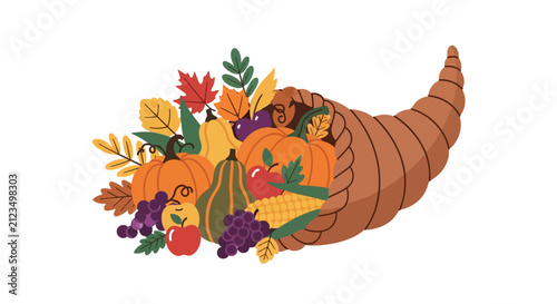 Colorful cornucopia filled with fruits.