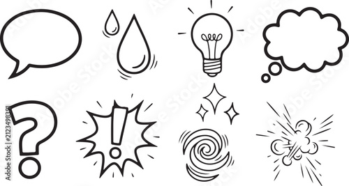 A collection of hand-drawn black outline vector doodle icons featuring speech bubbles, water droplets, a lightbulb, a question mark, an exclamation burst, swirls, and explosion elements on a white bac