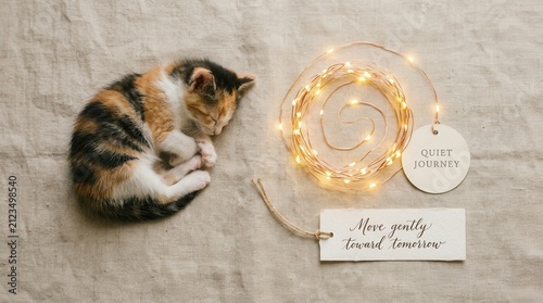 Adorable calico kitten sleeping peacefully beside warm glowing fairy lights and inspirational paper tags on a textured linen surface, showcasing a quiet journey and moving gently toward tomorrow here.