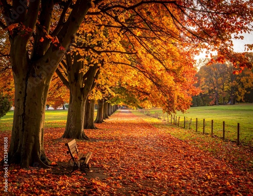 A serene autumn scene with a tree-lined path, covered in vibrant orange leaves, leading to a distant green field