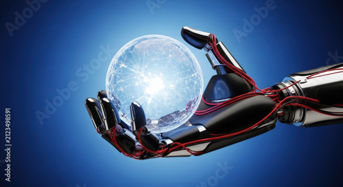 A futuristic robotic hand with intricate red and black wiring delicately cradles a glowing, translucent crystal sphere.