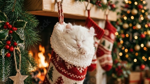 Adorable white kitten sleeping peacefully inside a festive Christmas stocking hanging by a warm fireplace with glowing holiday lights in the background perfect for seasonal greeting card designs daily