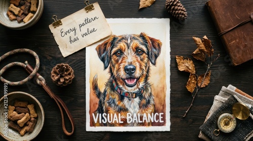Artistic watercolor dog portrait on rustic wood desk surrounded by treats, pine cones, and autumn leaves, representing a warm creative hobby space for pet lovers seeking inspiration and cozy feelings.