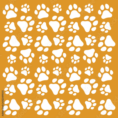 Seamless pattern with white cat paw prints on a vibrant orange background