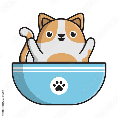 Cute cartoon cat sitting inside a blue bowl with a paw print icon design