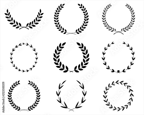 Premium Black Laurel Wreath Vector Collection – Elegant Botanical Victory, Award, Achievement, Luxury Badge, Wedding, Heraldic, Circular Leaf Frame Outline Icon Set