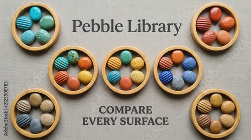 Colorful textured pebbles in wooden rings labeled as a pebble library for surface comparison experiments, perfect for sensory education and artistic inspiration for children and designers alike today.