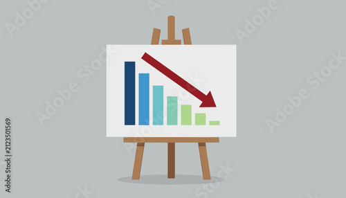 Presentation easel displays a bar graph showing a sharp downward trend with a large red arrow symbolizing financial or market decline.
