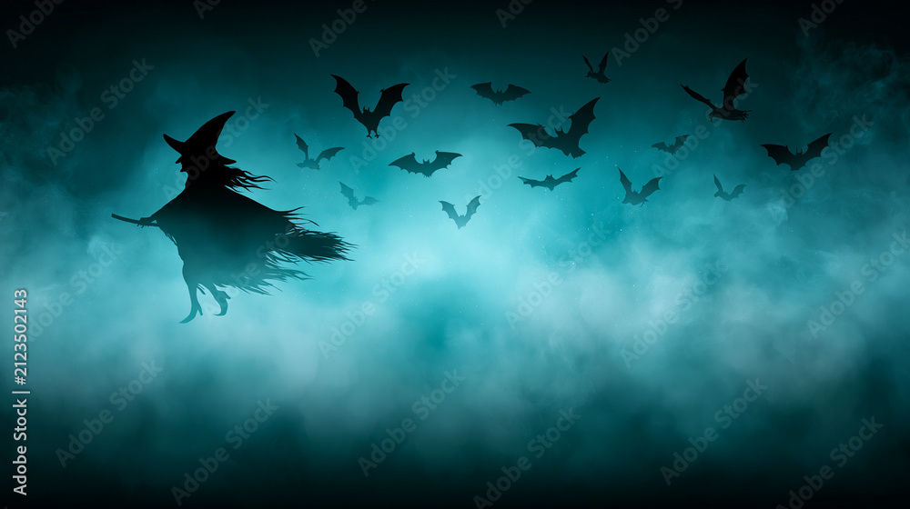 Obraz premium A dark mysterious witch flies through a thick mystical fog on her broomstick leading a chaotic swarm of bats across a chilling moonlit night sky