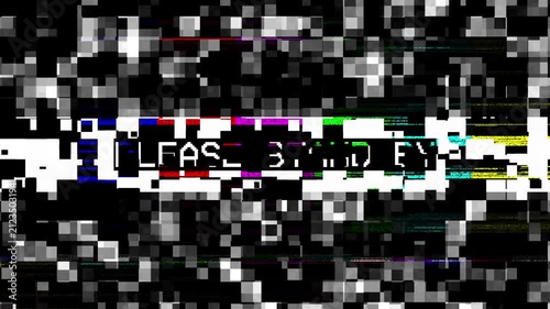 Color bars noise glitch no signal with please stand by text. Monochromatic pixel noise and heavy digital distortion featuring scrambled text and static patterns.