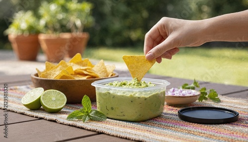 Dipping chip into guacamole at sunny picnic