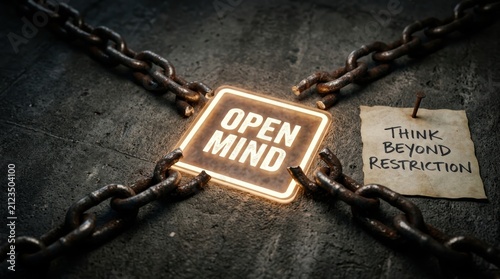 Glowing open mind sign breaking heavy rusted iron chains on dark stone ground beside a paper note reading think beyond restriction. Conceptual image for mental freedom, creativity, and