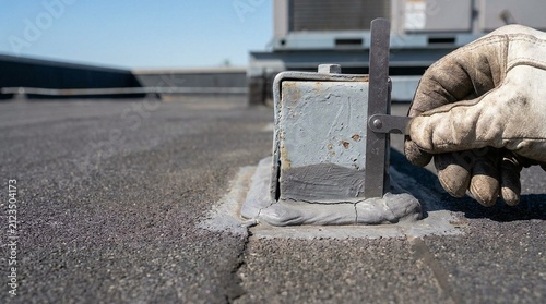 Close-up of a gloved hand examining a crack on a flat rooftop, highlighting repair and maintenance needs