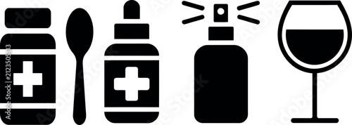 Flat icons of medicine, spray, spoon, and wine glass set