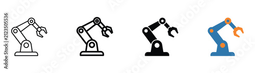 Modern vector icon of an industrial robotic arm and automation robot for manufacturing, smart factory and engineering design projects in UI UX applications.