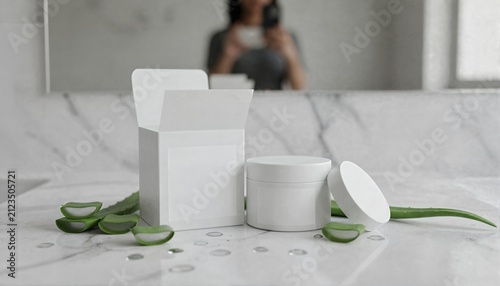 Elegant white skincare set on marble vanity with fresh aloe vera details