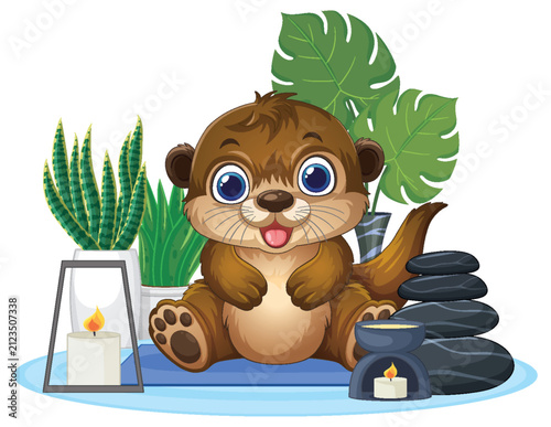 Cute Cartoon Otter Character Relaxing in a Spa Setting