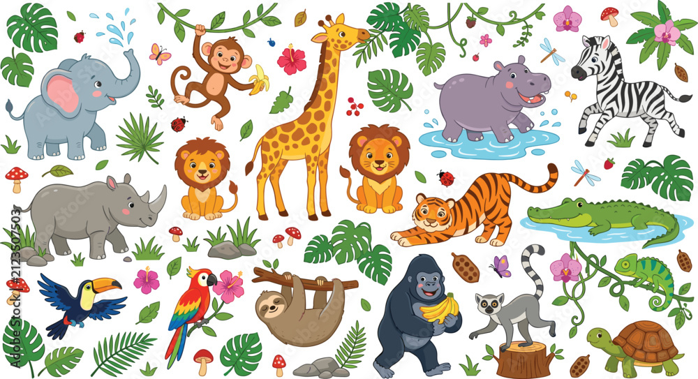 Fototapeta premium Cute Tropical Jungle Animals Vector Character Set with Friendly Rainforest Wildlife and Exotic Botanical Monstera Leaves for Kids Nursery Graphic Designs