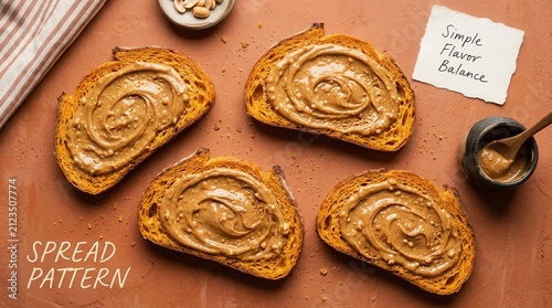 Nutritious toasted bread topped with creamy peanut butter swirls arranged on a warm orange background with peanuts and simple notes, perfect for healthy breakfast and snacking advertisements. Healthy.