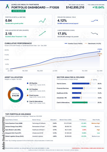 Financial Investment Portfolio Dashboard with Performance Charts and Asset Allocation