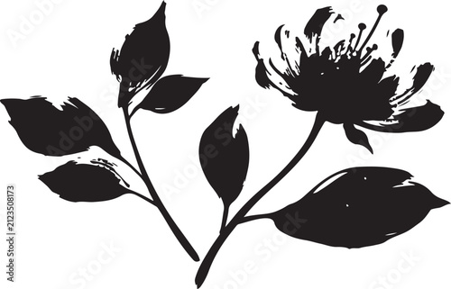 A creative vector illustration featuring a black botanical branch with leaves and a blossoming flower on a white background for nature and design projects.