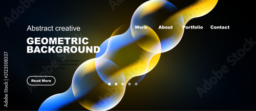 Modern website design features vibrant blue, yellow shapes over black backdrop. Text elements present work, about, portfolio, contact options.