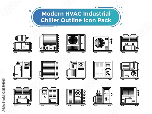 Modern HVAC Industrial Chiller Outline Icon Pack Showing Various Air Conditioning and Cooling System Equipment