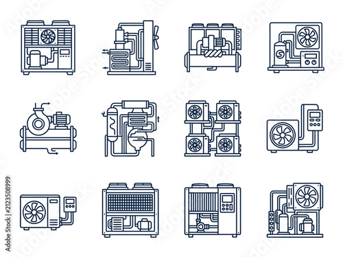 Industrial HVAC icons depicting air conditioning and ventilation system equipment on a clean white background, vector set.