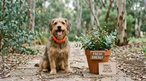 Scruffy brown terrier mix dog sitting happily on a forest path next to a potted eucalyptus plant with motivational signs saying fresh energy and small steps matter in the natural woodland environment.