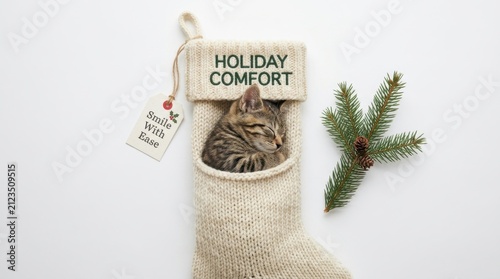 Sleeping tabby kitten nestled inside a white knitted Christmas stocking featuring holiday comfort text and pine needle branch, perfect for festive greeting cards and seasonal celebration decorations .