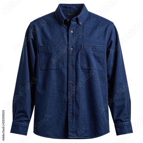 dark blue denim work shirt with chest pockets isolated on transparent background
