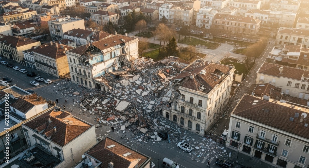 Fototapeta premium Aerial View of a Historic Neighborhood Ravaged by Earthquake, Showing Widespread Building Destruction and Rubble