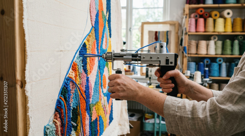 Colorful yarn textile art tufting gun creative craft handmade rug wool fiber modern design wall decor fiber art workshop studio Colorful yarn textile art tufting gun creative craft handmade rug