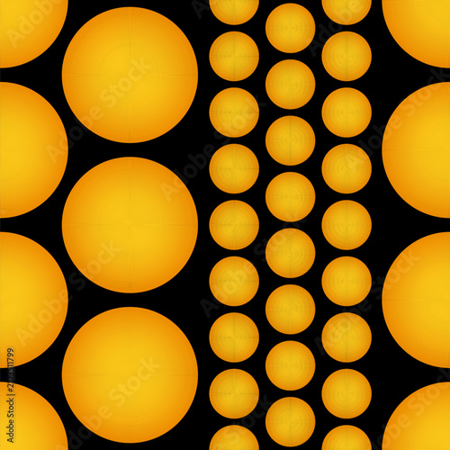 Abstract seamless pattern with yellow circles. Geometric pattern. Different size circles with gold gradient isolated on black background.