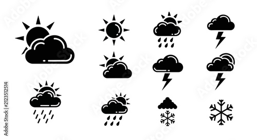 Fotografie Weather forecast icons set with sun clouds rain lightning with collection black