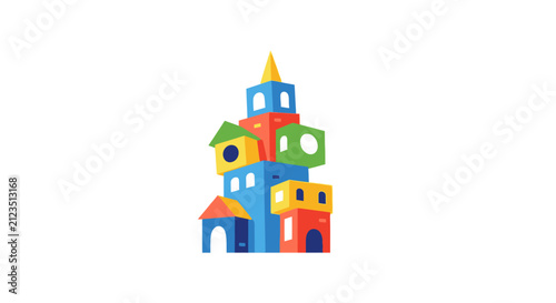 Colorful plastic building blocks tower.