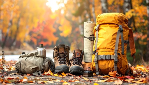 A serene autumn scene with hiking gear on a leaf-covered forest floor
