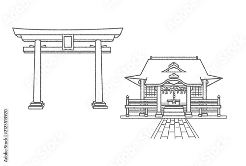 日本の神社と鳥居の線画　ベクターイラストセット