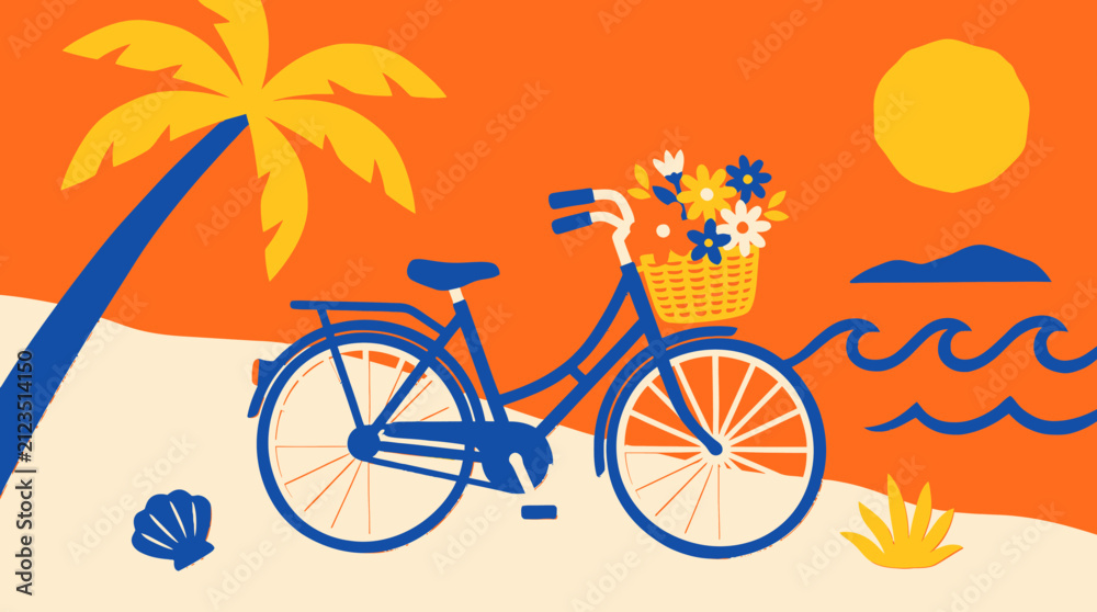 Fototapeta premium Summer coastal landscape illustration featuring a vintage bicycle with a basket of flowers on a sandy beach under a vibrant tropical sun