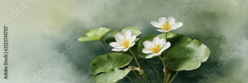 Digital Painting of White Water Lilies with Green Lily Pads on a Textured Green Background
