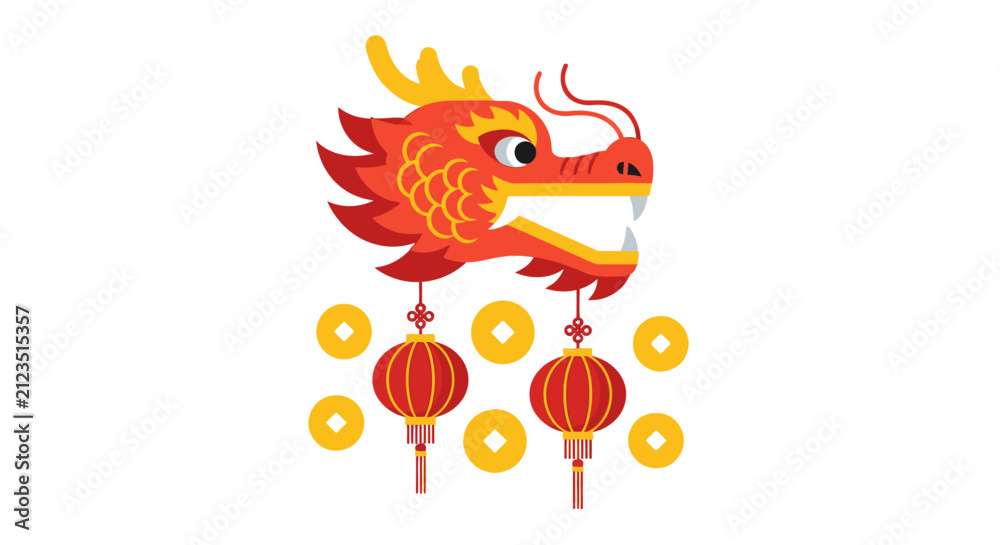 Naklejka premium Dragon head with red lanterns.