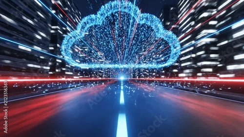 Futuristic cloud computing concept with glowing digital cloud above a smart city highway, symbolizing high speed data transfer, AI networking, cybersecurity, and modern cloud infrastructure.
