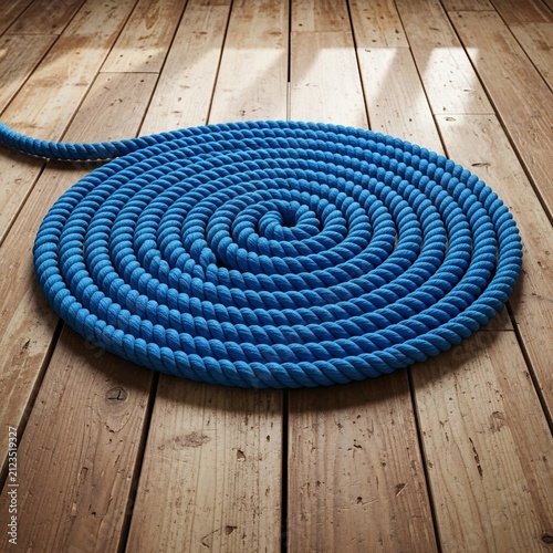 Ocean's Embrace: Vivid blue coil on weathered wood, bathed in gentle, diffused light.