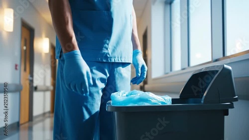 Healthcare worker disposing medical waste into a hospital bin while wearing protective gloves, highlighting medical safety, infection control, sanitation, and proper healthcare waste management.