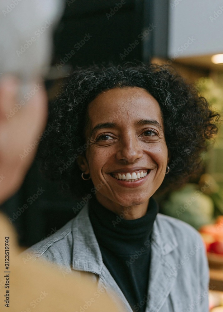 Fototapeta premium Close-up portrait of a woman with curly black hair, smiling widely and looking directly at the camera. she is wearing a black turtleneck sweater and a gray blazer.