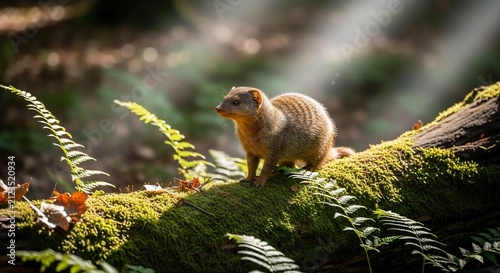 Golden hour guardian on mossy log, dappled light.