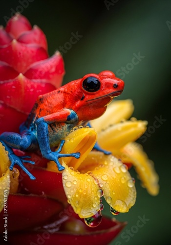 Crimson Jewel, Emerald Dewdrop: A Jungle Gem's Morning Awakening